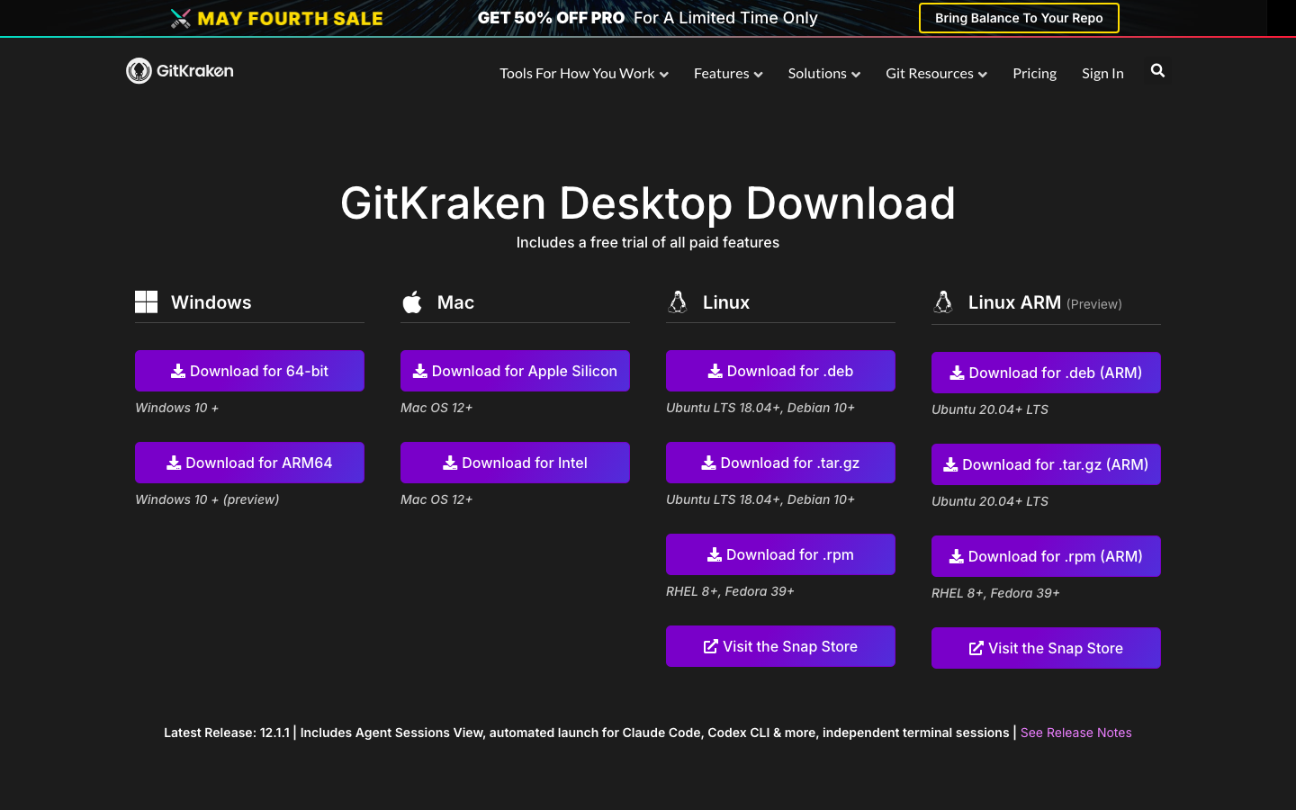 The design prioritizes functionality and clarity with a dark, high-contrast palette. The layout uses a sticky navigation and a prominent hero section showcasing the product's core value proposition. Visual density is moderate, focusing on conveying information efficiently. · dark saas, developer tools, git client, ai powered, terminal interface, code visualization, version control, saas product, technical website