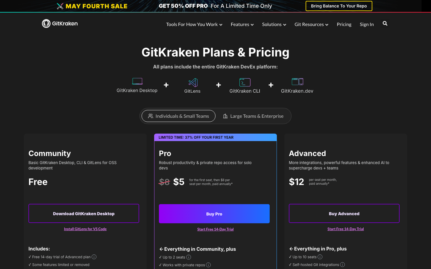 The design prioritizes functionality and clarity with a dark, high-contrast palette. The layout uses a sticky navigation and a prominent hero section showcasing the product's core value proposition. Visual density is moderate, focusing on conveying information efficiently. · dark saas, developer tools, git client, ai powered, terminal interface, code visualization, version control, saas product, technical website
