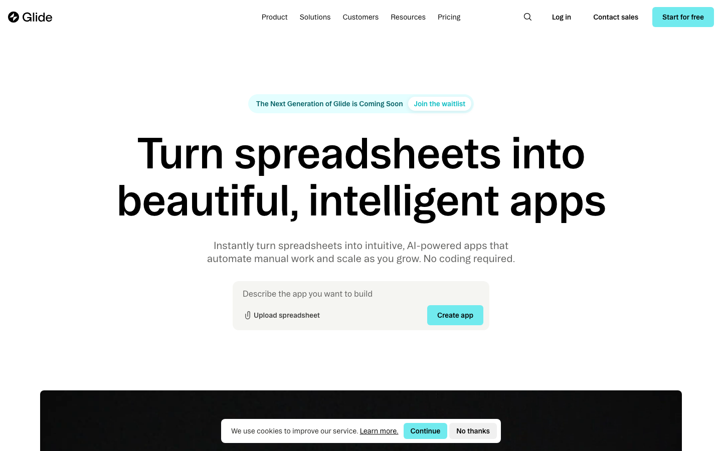 Glide makes it easy to build and deploy powerful custom apps powered by AI with no code. Create your first app by trying Glide for free.  ·  minimalism, swiss, monochrome, saas, ai, developer-tools, hero-with-cta, logo-cloud, feature-trio