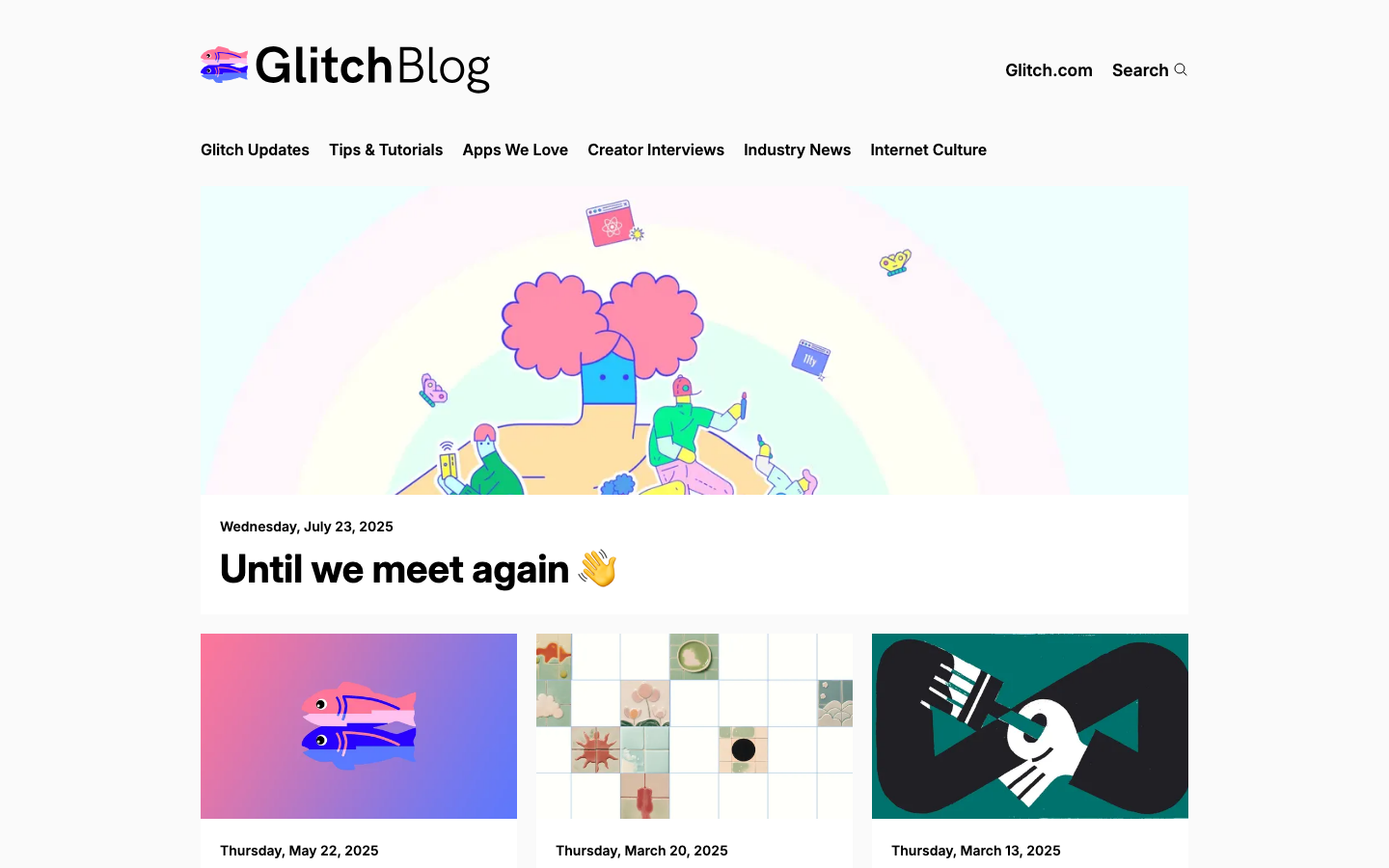 The page uses a soft, pastel color palette and playful illustrations to create a welcoming and approachable feel. The layout features a grid of blog post previews, each with a distinct visual style, promoting discovery. · blog grid, developer blog, tech blog, creative blog, illustration blog, pastel colors, playful design, editorial design
