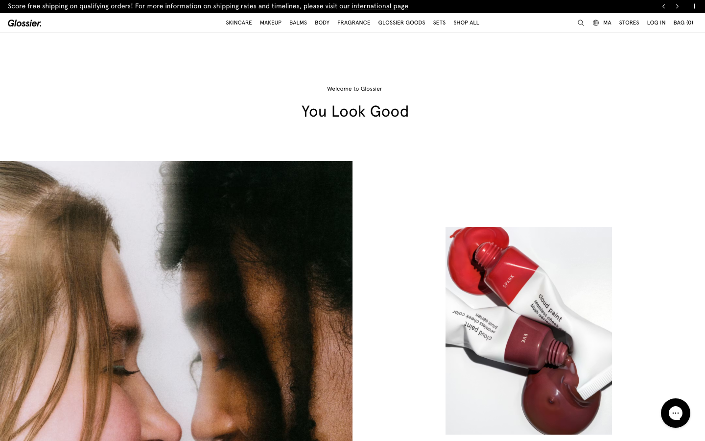 The hero image is a full-bleed shot of a Glossier bag overflowing with products, creating a sense of intimate curation. The typography is clean and modern, allowing the visual to take center stage. The overall feel is relaxed and aspirational. · beauty ecommerce, minimalist beauty, soft aesthetic, curated beauty, glossier branding, product showcase