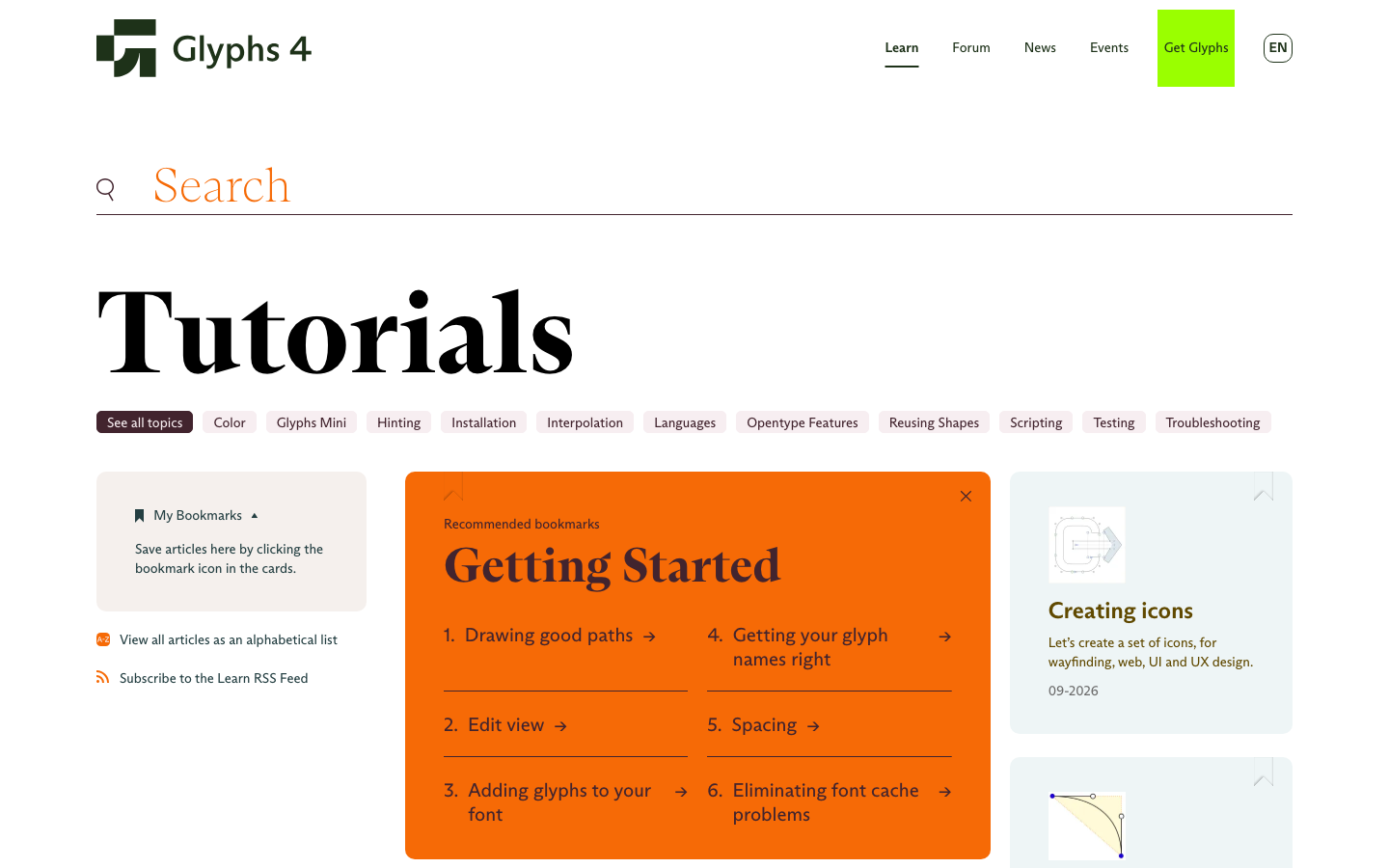 Clean, high-contrast layout utilizing a strict grid and bold serif headings. The use of a saturated orange accent block breaks the monochrome utility of the search and filter interface.  ·  documentation index, technical learning center, swiss design saas, tutorial grid, font editor ui