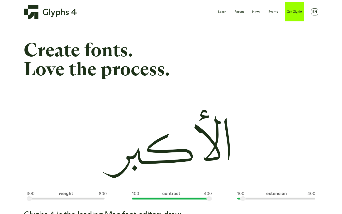 High-contrast typographic layout featuring a massive serif headline and an interactive glyph preview. The use of generous white space and a single lime-green accent button creates a precise, tool-centric mood. · font editor landing page, typographic hero, minimalist saas, swiss design software, type tool interface