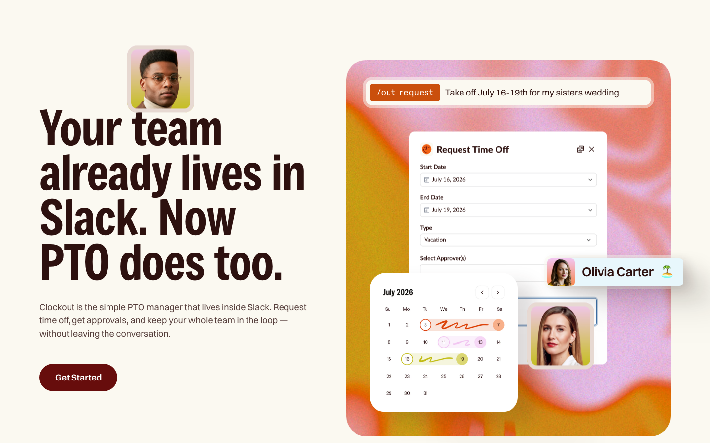 Clockout - A soft, warm aesthetic featuring heavy sans-serif typography and rounded UI elements. The layout uses a floating product mockup over a blurred, colorful gradient background to create depth.  ·  saas hero, warm gradient, rounded ui, soft pastel saas, bold typography hero, product mockup layout