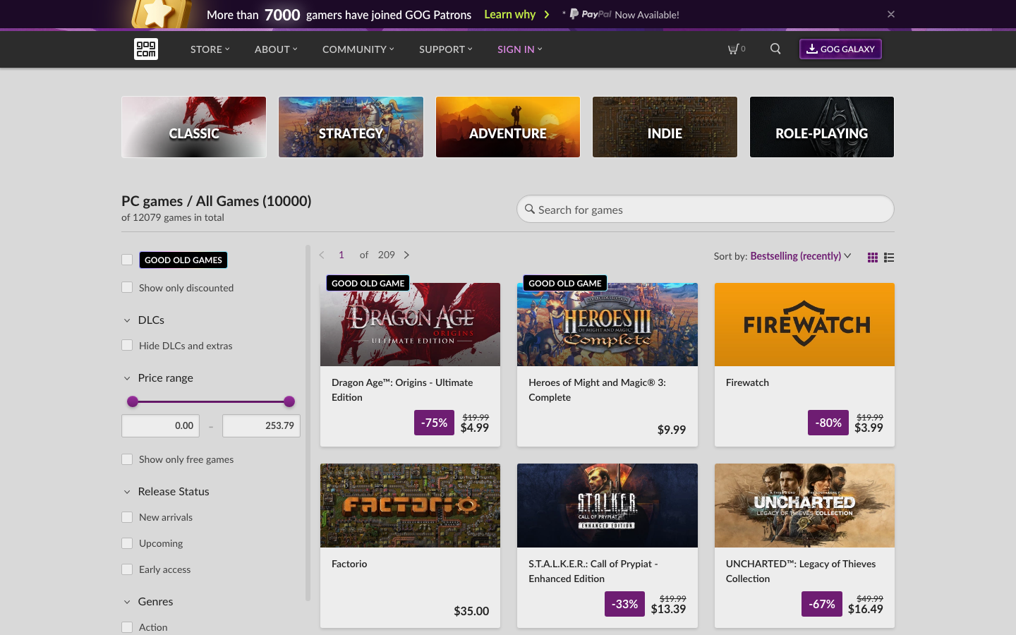 The page uses a vibrant, almost chaotic arrangement of game tiles, creating a sense of discovery. The color palette is bold and saturated, with a slightly retro pixelated aesthetic. It feels like browsing a curated collection. · gog games, rpg games, star wars games, video games, digital games, game sale, pc games, retro games, pixel art