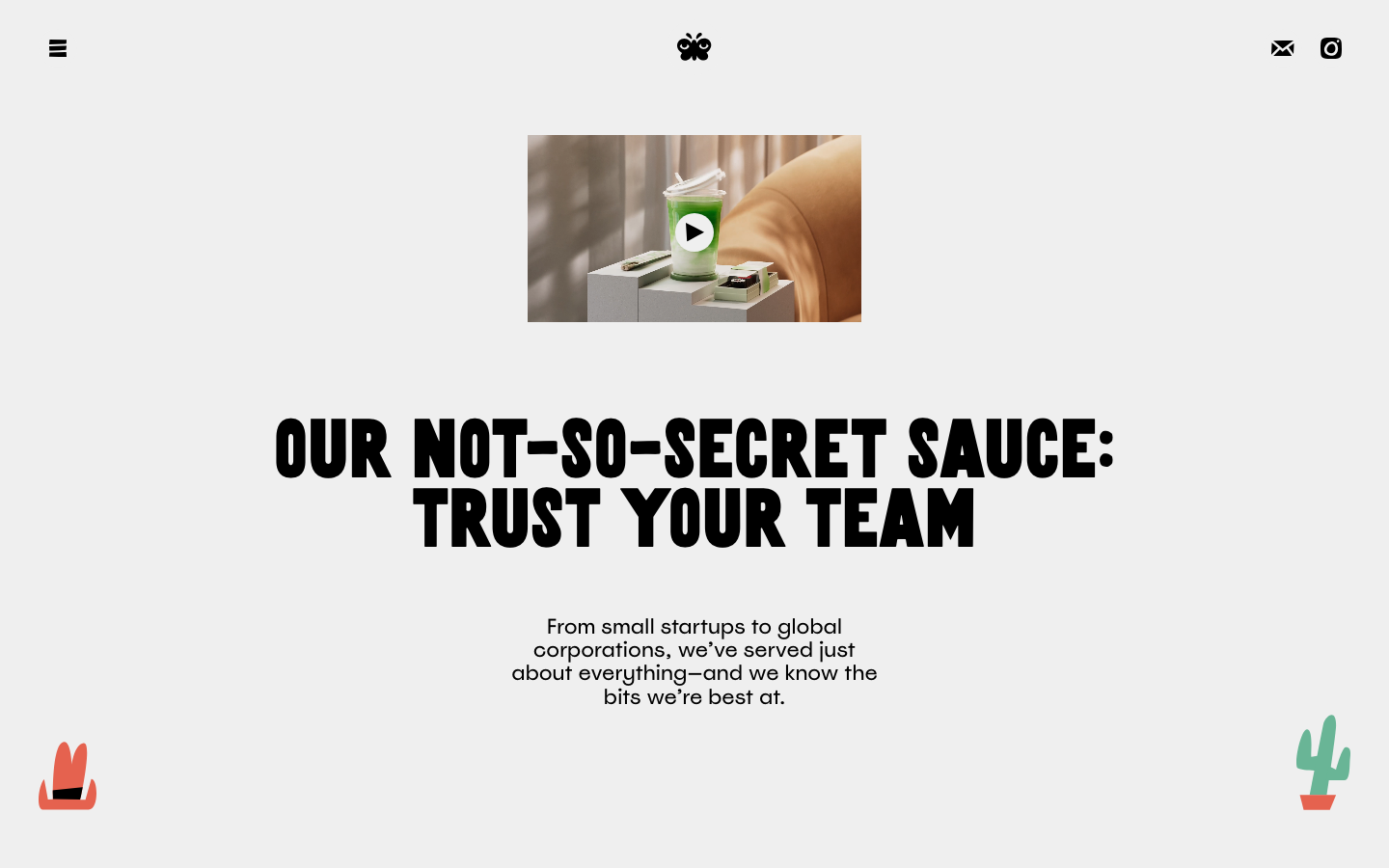 A clean, centered composition featuring a heavy, condensed sans-serif headline against a soft off-white background. Playful illustrative accents in the corners balance the bold typography. · agency about page, bold typography hero, minimalist agency layout, playful corporate design, centered hero text