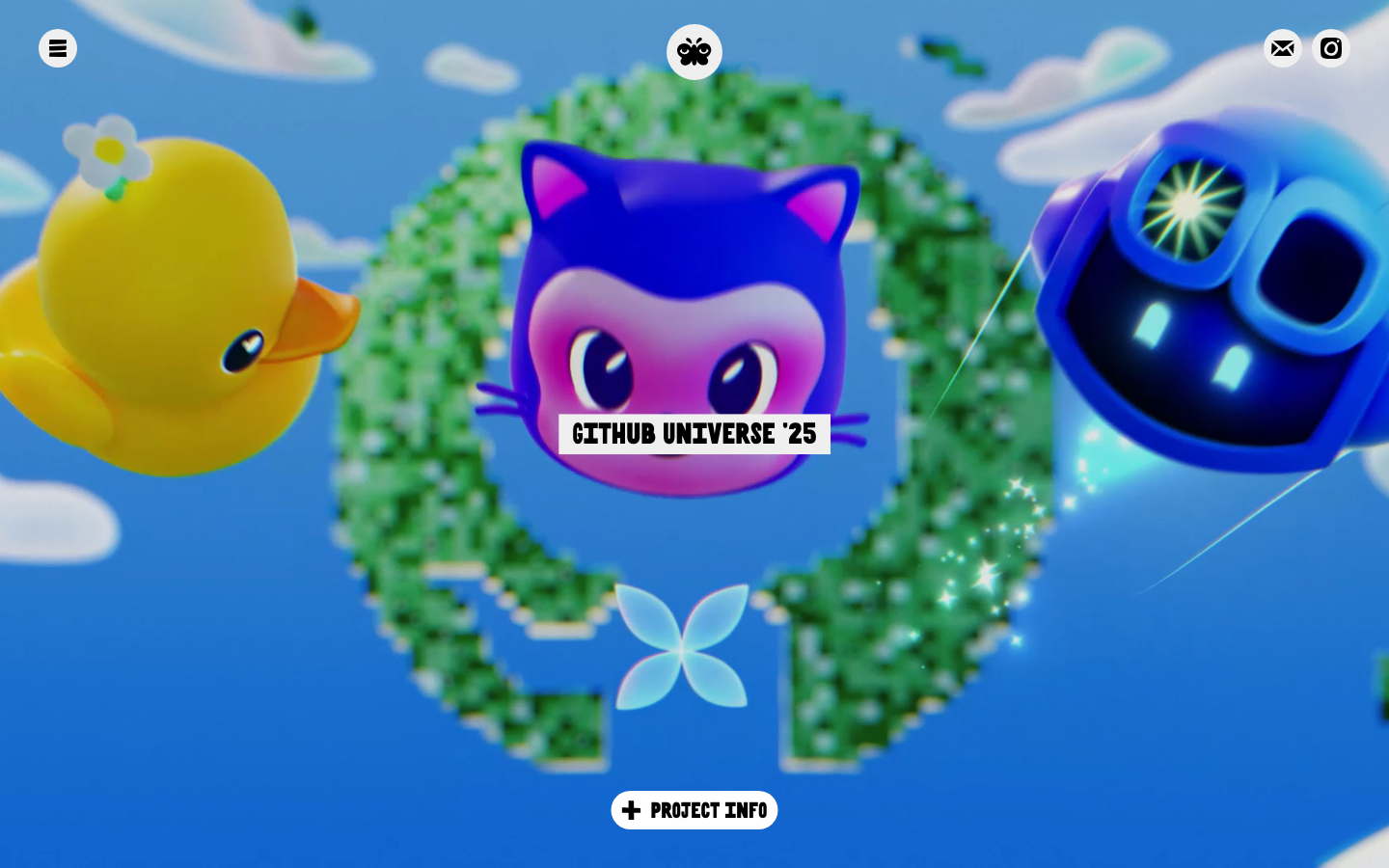 High-saturation 3D render with a toy-like aesthetic. The layout is stripped back to a full-bleed visual with minimal, pill-shaped UI elements for navigation and project info. · 3d character hero, playful agency portfolio, saturated 3d render, toy aesthetic web design, fullbleed visual hero