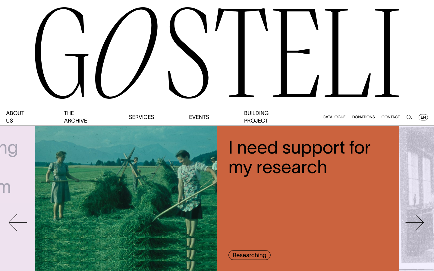 High-contrast layout featuring an oversized serif wordmark and a split-screen carousel. The juxtaposition of archival photography against a bold terracotta block creates a strong editorial rhythm. · editorial archive, oversized typography, split screen hero, swiss design culture, terracotta accent, archival website