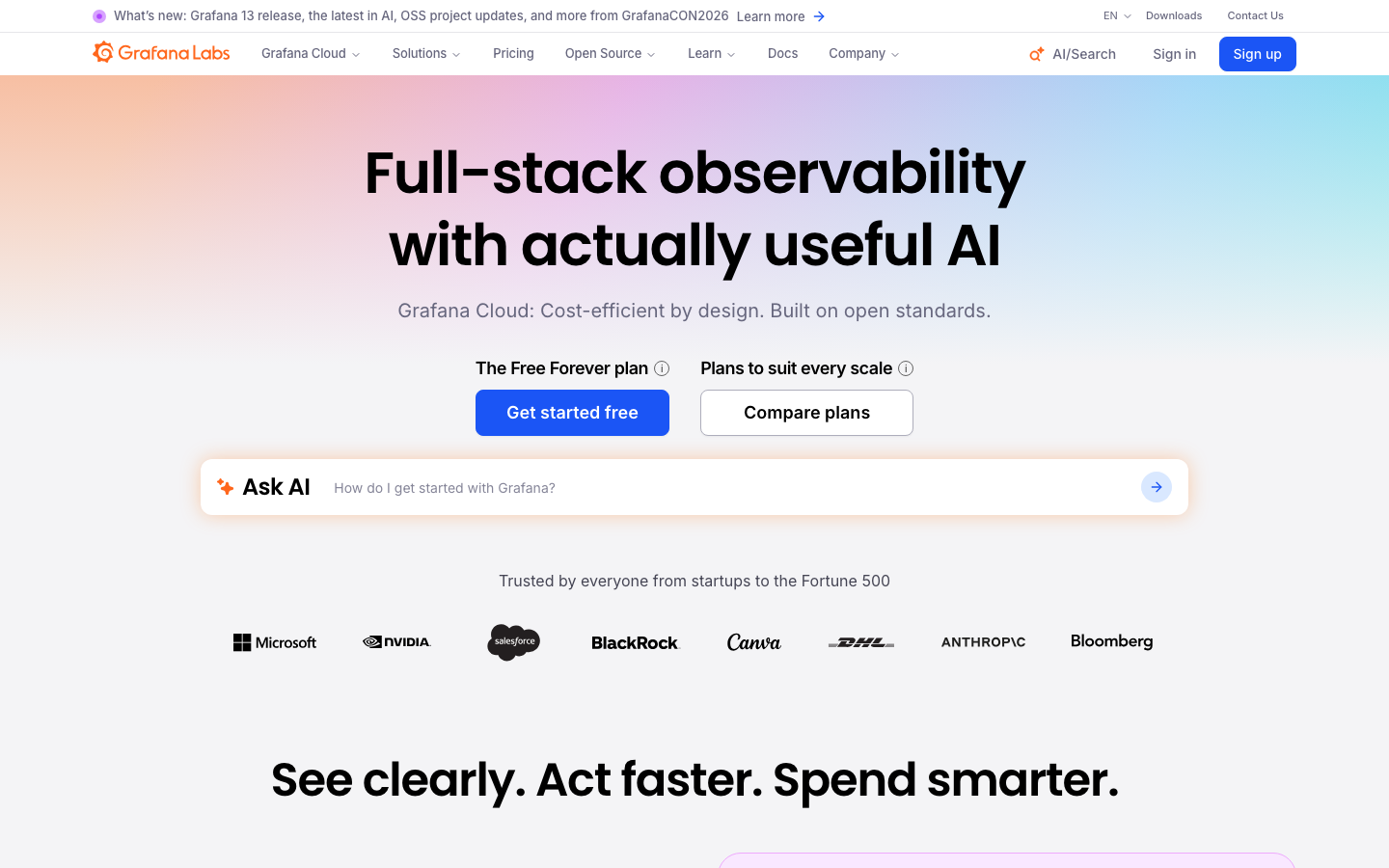 The page uses a stark contrast of a light hero section with a dark footer. The typography is clean and functional, prioritizing clarity and readability over ornamentation. The overall mood is confident and straightforward. · data observability, monitoring platform, grafana ai, developer tools, saas analytics, tech company, observability platform