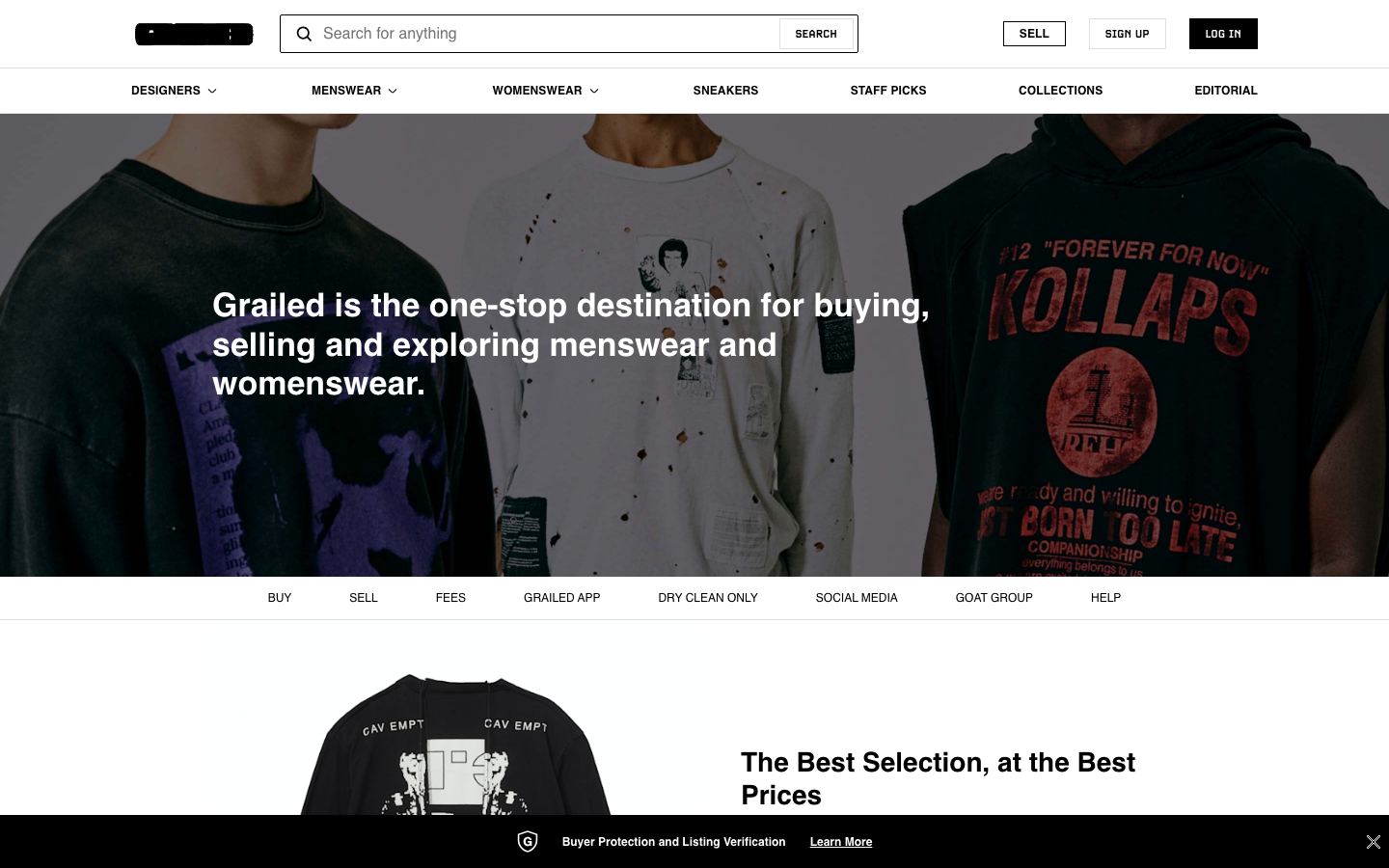 The page uses a clean, spacious layout with a large hero image and curated product groupings. Typography is clean and legible, with a focus on showcasing the items visually. The overall feel is sophisticated and understated. · fashion e-commerce, menswear marketplace, grailed homepage, clothing platform, curated fashion, online boutique, sneakers apparel, vintage clothing