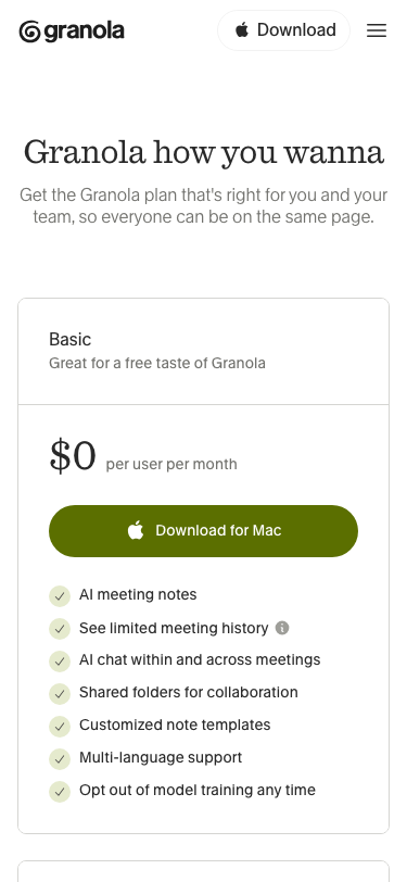 Granola — Pricing - mobile