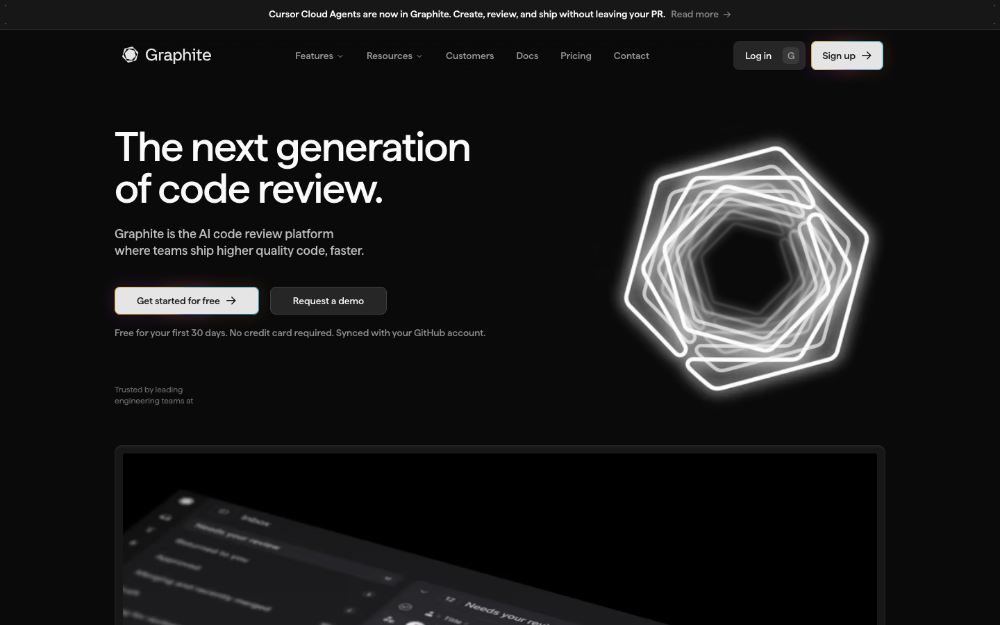 Graphite - The page uses a stark black background with neon-white geometric shapes, creating a sense of technological precision. Typography is clean and modern, emphasizing clarity and functionality. The overall density is low, focusing attention on the central visual and key messaging.  ·  ai code review, developer platform, saas dark mode, technical website, minimalist design, code review tool, graphite ai, developer tools, dark ui, modern interface