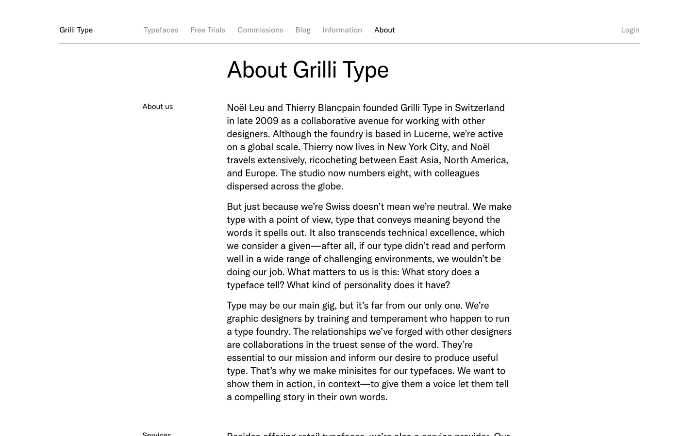 The layout prioritizes typographic exploration and showcases a range of typefaces with a clean, grid-based structure. The use of muted green and white creates a restrained, almost clinical feel, emphasizing the visual presentation of the fonts themselves. · font showcase, typography grid, type specimen, minimalist typography, design system, grillitype, font foundry, geometric fonts, clean typography, editorial design