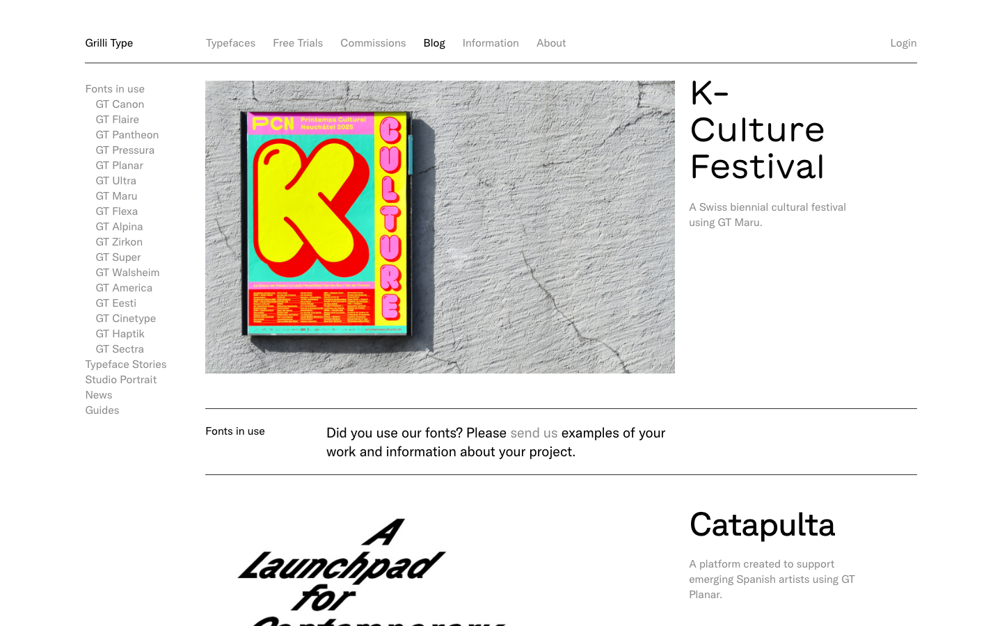 The layout prioritizes typographic exploration and showcases a range of typefaces with a clean, grid-based structure. The use of muted green and white creates a restrained, almost clinical feel, emphasizing the visual presentation of the fonts themselves. · font showcase, typography grid, type specimen, minimalist typography, design system, grillitype, font foundry, geometric fonts, clean typography, editorial design
