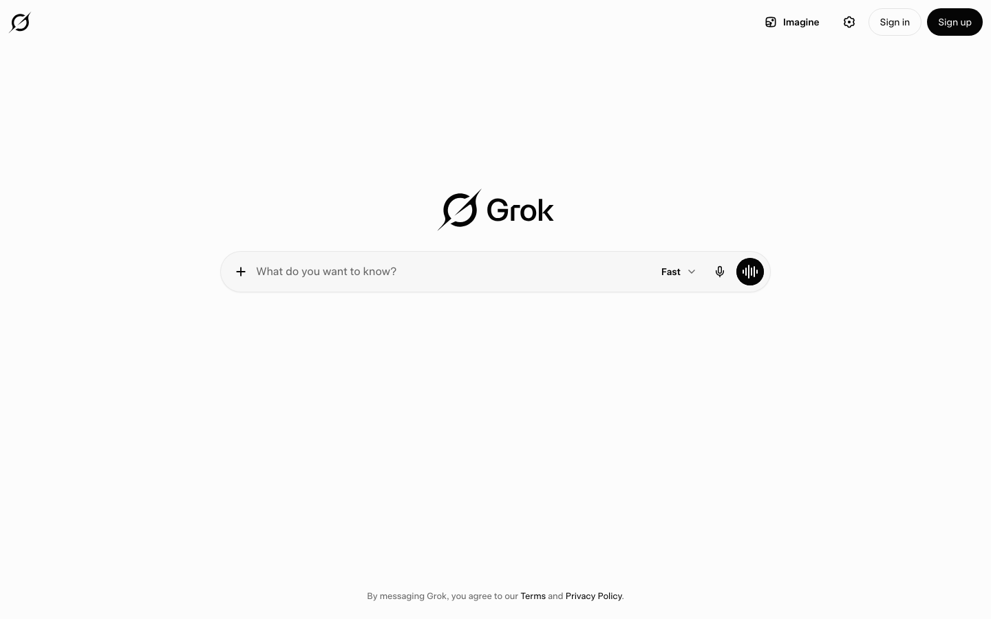 The page uses a stark white background and a prominent logo, establishing a clean, functional aesthetic. The central search bar is the primary focus, suggesting utility and direct access to information. · ai search, knowledge engine, grok interface, search tool, minimal ai, dark mode search, tech search, ai platform