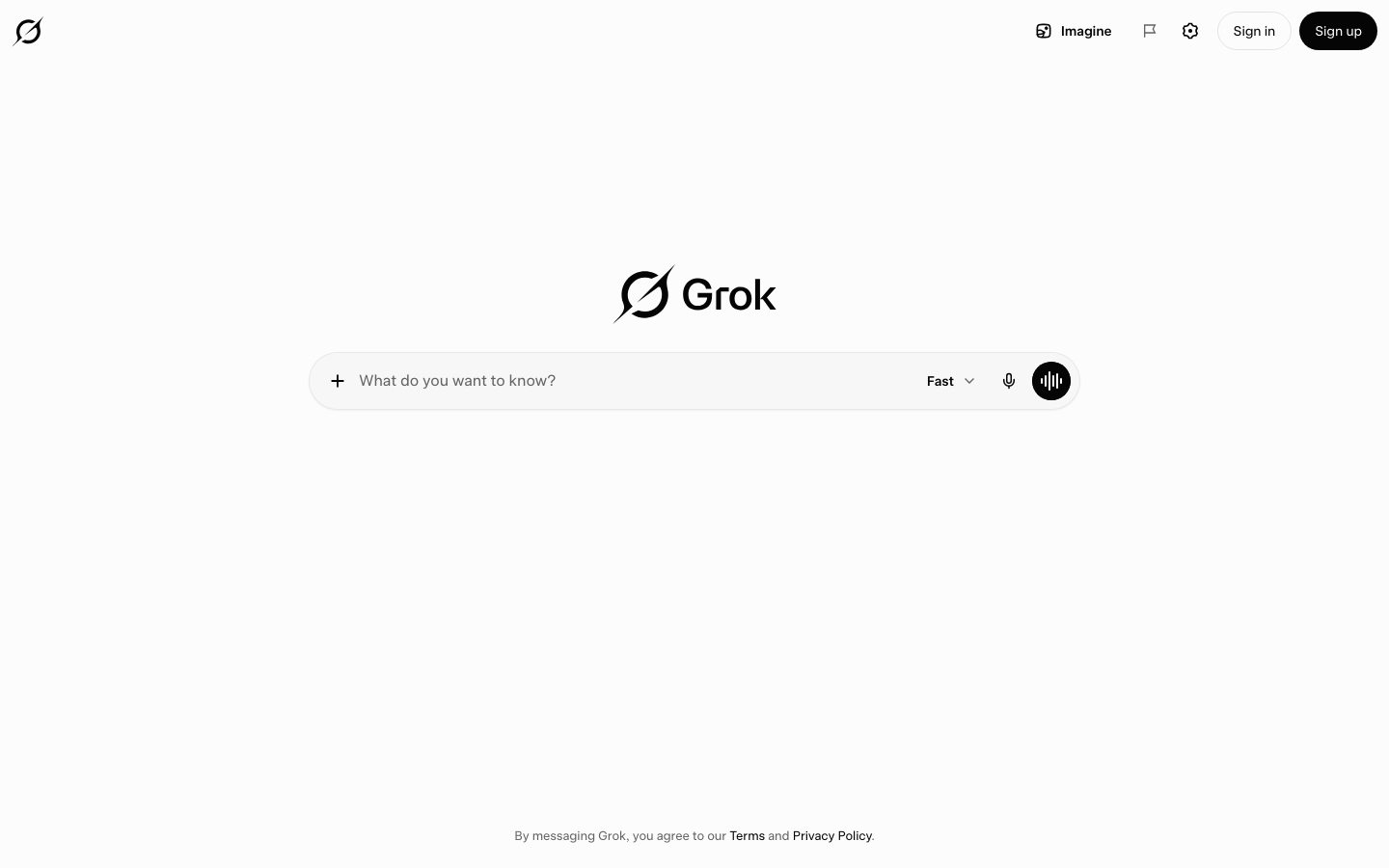 The page uses a stark white background and a prominent logo, establishing a clean, functional aesthetic. The central search bar is the primary focus, suggesting utility and direct access to information. · ai search, knowledge engine, grok interface, search tool, minimal ai, dark mode search, tech search, ai platform