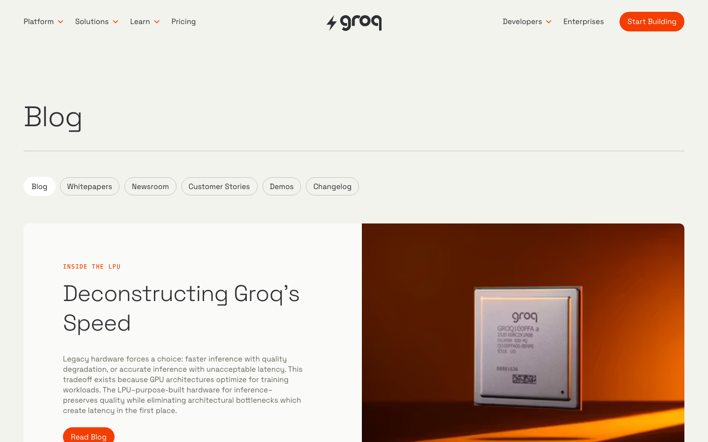 The page prioritizes a clean, functional layout with a prominent hero section showcasing a video. Below, concise feature blocks with clear typography and a limited color palette emphasize technical prowess and efficiency. · ai inference, groq, technical website, dark saas, developer tools, minimalist design, feature blocks, terminal aesthetic, performance, low latency