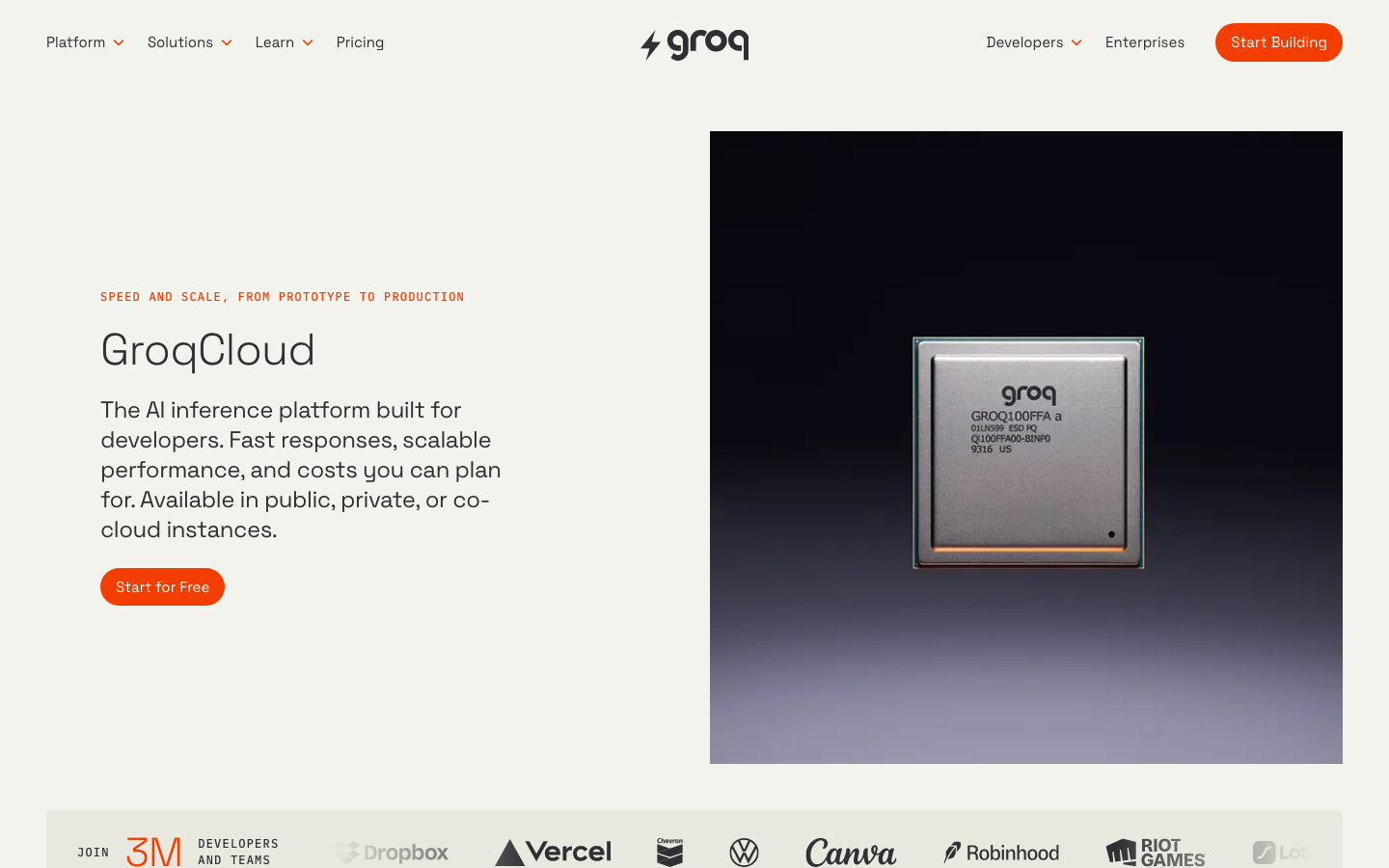 The page prioritizes a clean, functional layout with a prominent hero section showcasing a video. Below, concise feature blocks with clear typography and a limited color palette emphasize technical prowess and efficiency. · ai inference, groq, technical website, dark saas, developer tools, minimalist design, feature blocks, terminal aesthetic, performance, low latency