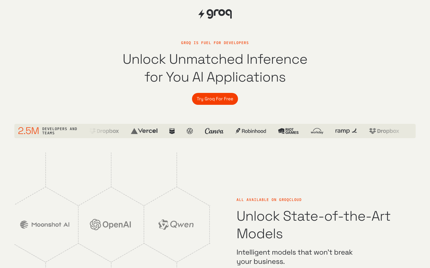 The page prioritizes a clean, functional layout with a prominent hero section showcasing a video. Below, concise feature blocks with clear typography and a limited color palette emphasize technical prowess and efficiency. · ai inference, groq, technical website, dark saas, developer tools, minimalist design, feature blocks, terminal aesthetic, performance, low latency