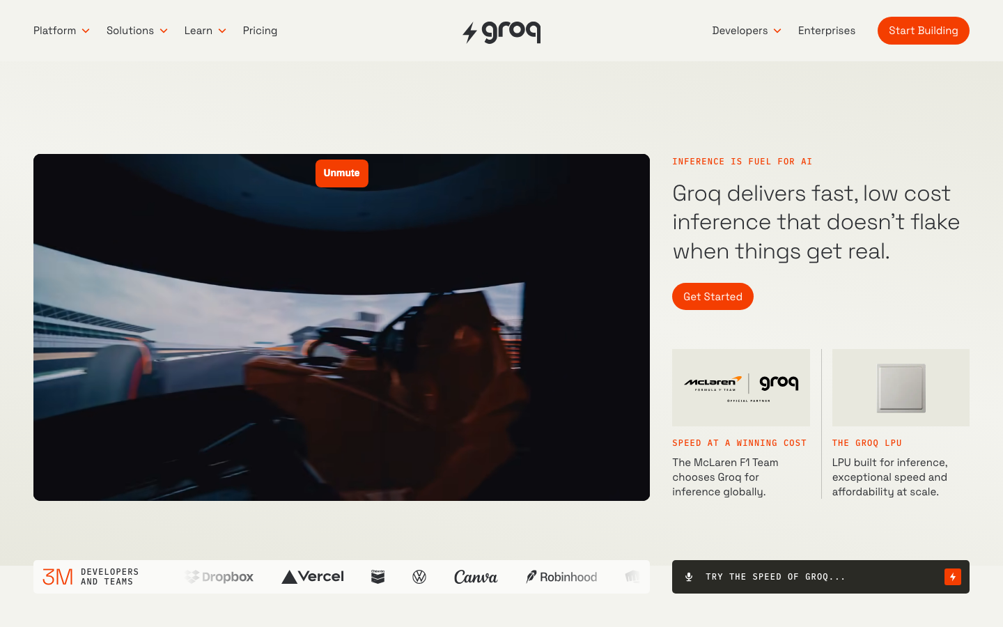 The page prioritizes a clean, functional layout with a prominent hero section showcasing a video. Below, concise feature blocks with clear typography and a limited color palette emphasize technical prowess and efficiency. · ai inference, groq, technical website, dark saas, developer tools, minimalist design, feature blocks, terminal aesthetic, performance, low latency