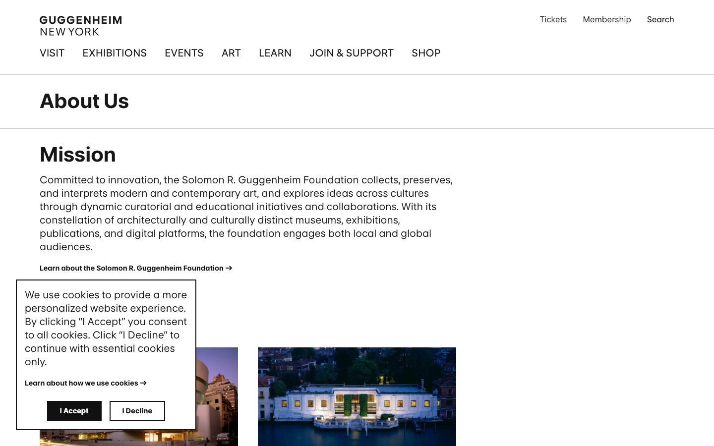 The page uses a split layout with a large, immersive image on the left and text on the right. The color palette is restrained, emphasizing the architectural space and the artwork within. Typography is clean and functional, prioritizing clarity and readability. · museum architecture, modern art, cultural institution, art gallery, minimalist design, public space, new york art, guggenheim visit