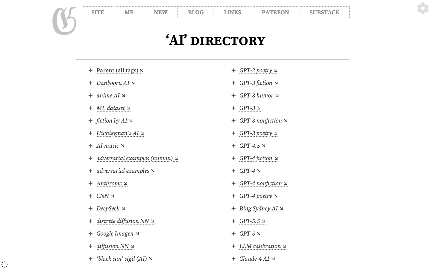 The page prioritizes readability with a clean, vertical layout. Typography is the dominant visual element, creating a sense of intellectual weight. The color palette is restricted to black and white, reinforcing a serious, academic tone. · ai blog, technical writing, personal website, dark theme, academic blog, gwern branwen, minimalist design, monochrome website