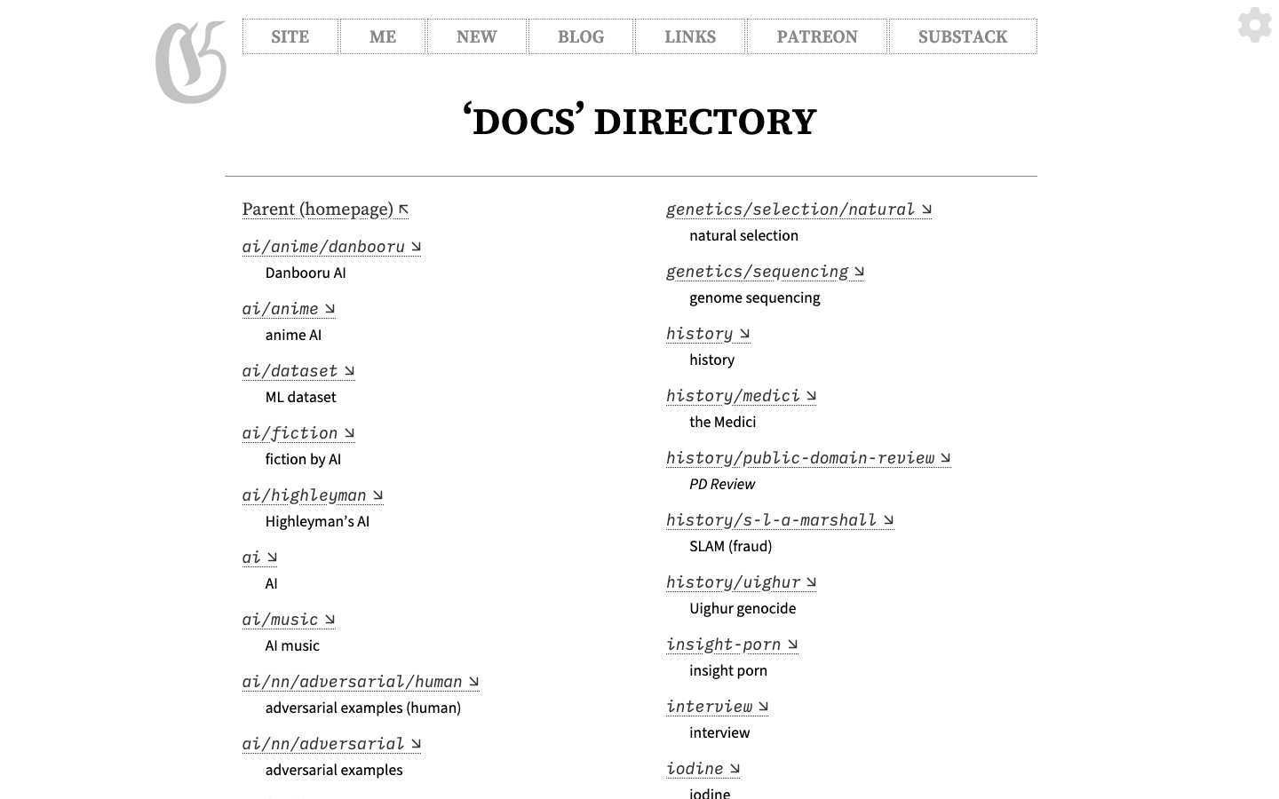 The page prioritizes readability with a clean, vertical layout. Typography is the dominant visual element, creating a sense of intellectual weight. The color palette is restricted to black and white, reinforcing a serious, academic tone. · ai blog, technical writing, personal website, dark theme, academic blog, gwern branwen, minimalist design, monochrome website