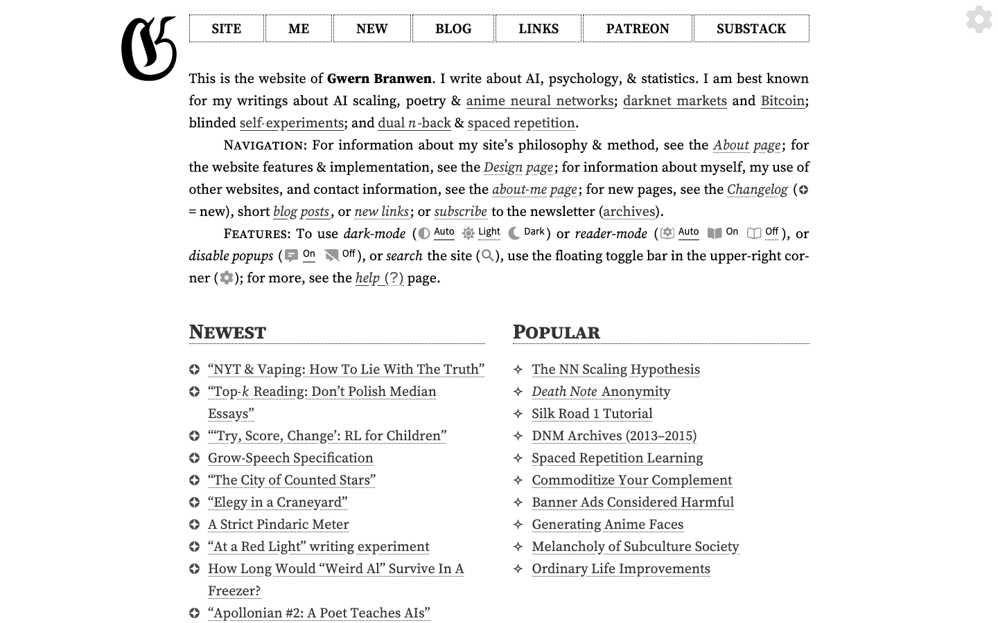 The page prioritizes readability with a clean, vertical layout. Typography is the dominant visual element, creating a sense of intellectual weight. The color palette is restricted to black and white, reinforcing a serious, academic tone. · ai blog, technical writing, personal website, dark theme, academic blog, gwern branwen, minimalist design, monochrome website