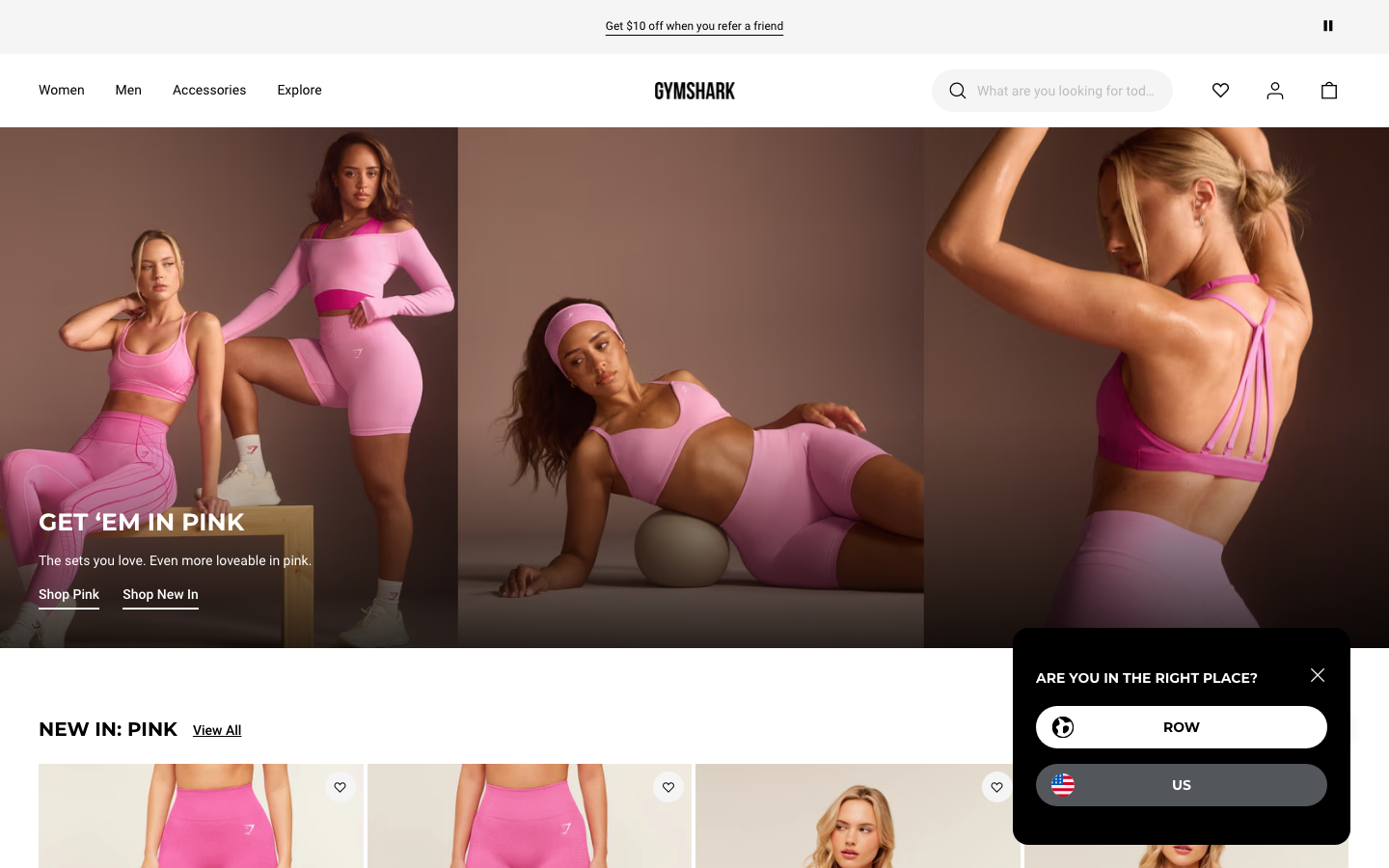 The hero features a series of lifestyle images showcasing the product in use, creating a visually appealing and aspirational feel. The layout is clean and spacious, emphasizing the product photography and brand aesthetic.  ·  activewear, fitness apparel, gymshark pink, sports clothing, online store, workout clothes, athletic wear, lifestyle fashion, women's fitness