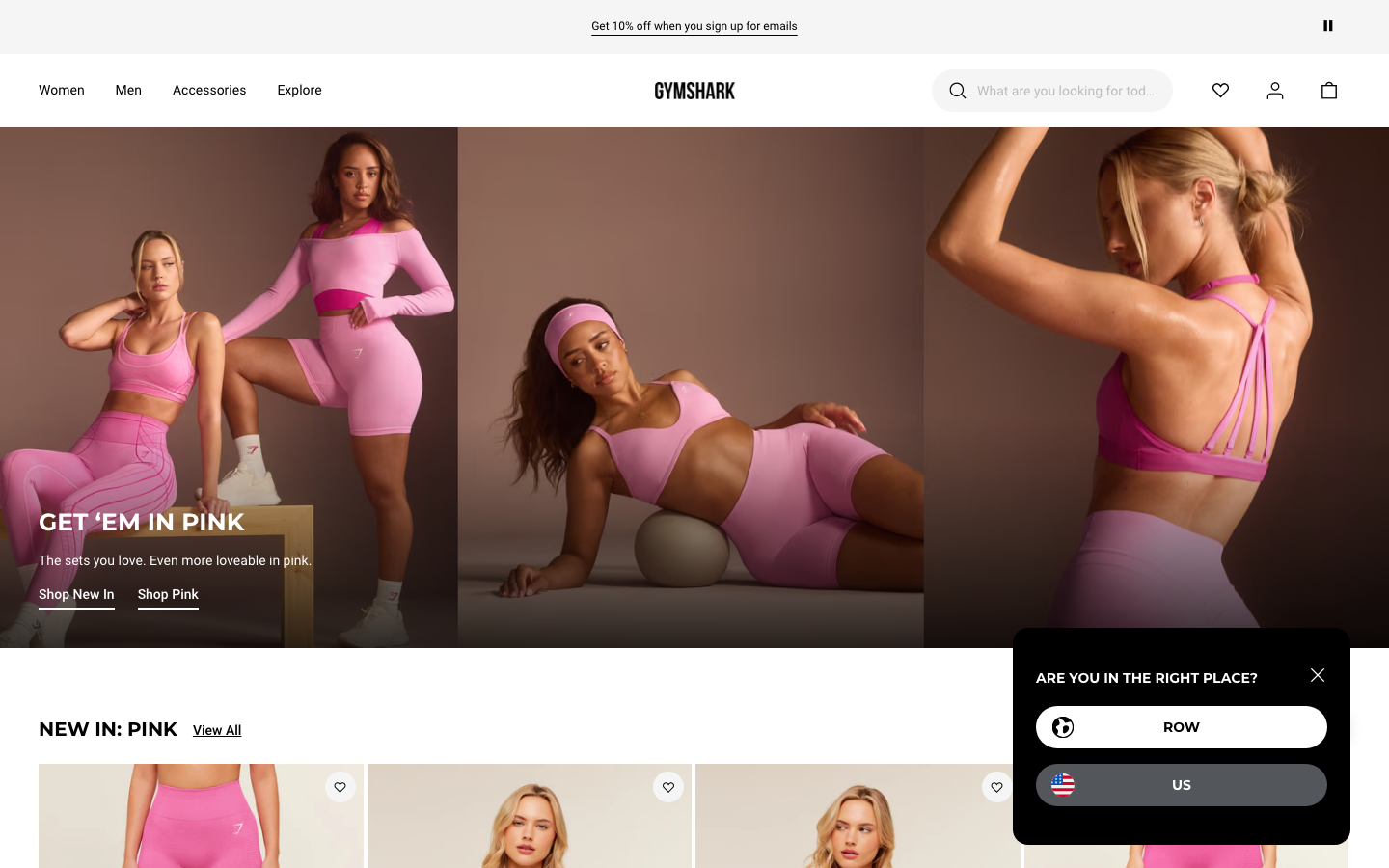 The hero features a series of lifestyle images showcasing the product in use, creating a visually appealing and aspirational feel. The layout is clean and spacious, emphasizing the product photography and brand aesthetic. · activewear, fitness apparel, gymshark pink, sports clothing, online store, workout clothes, athletic wear, lifestyle fashion, women's fitness