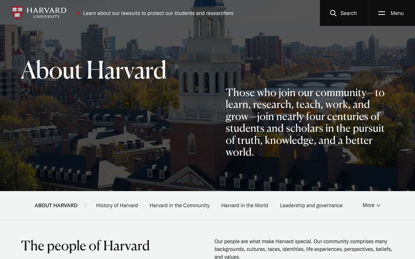 The page uses a full-bleed image to establish a sense of place and occasion. Clean typography and ample white space create a feeling of reverence and formality, typical of institutional communications. · university commencement, graduation ceremony, harvard event, academic celebration, institutional website, red and white, full screen image
