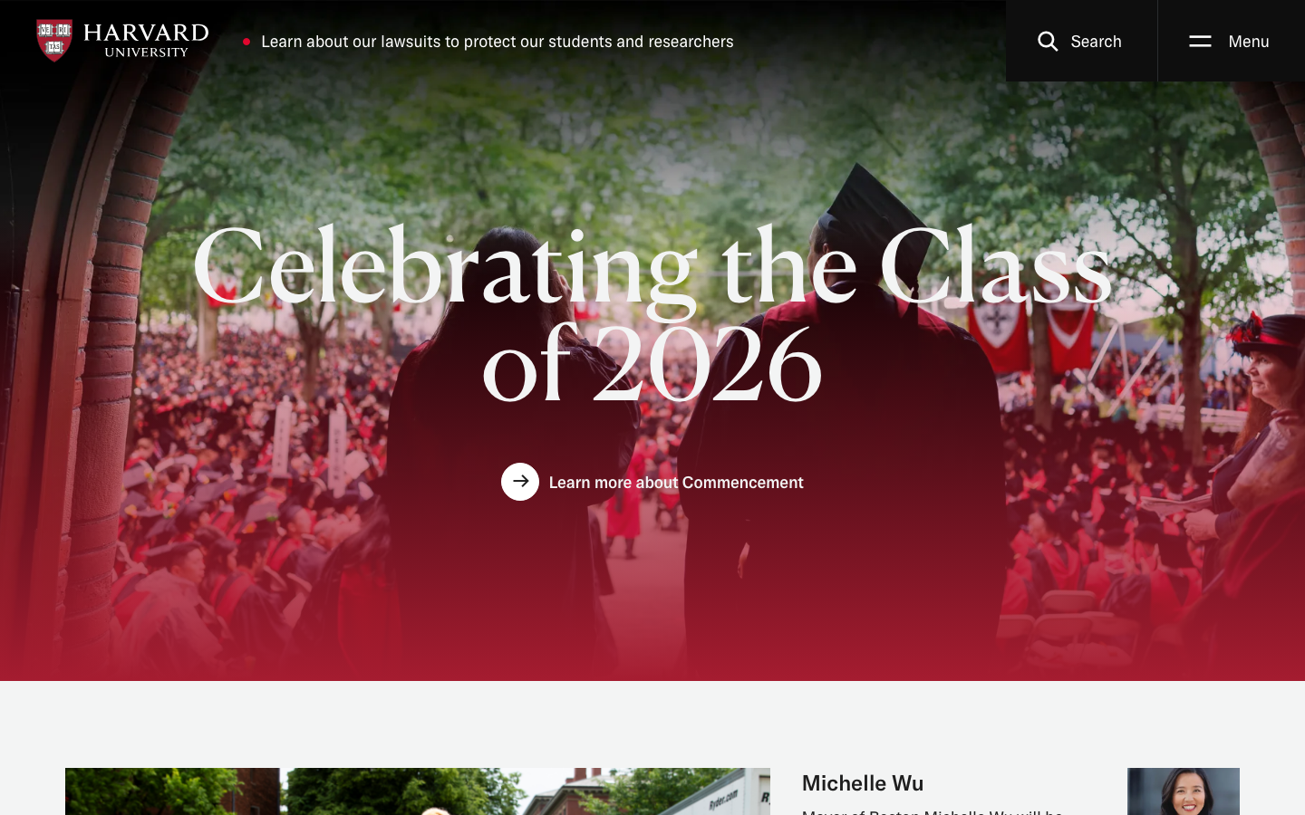 The page uses a full-bleed image to establish a sense of place and occasion. Clean typography and ample white space create a feeling of reverence and formality, typical of institutional communications. · university commencement, graduation ceremony, harvard event, academic celebration, institutional website, red and white, full screen image