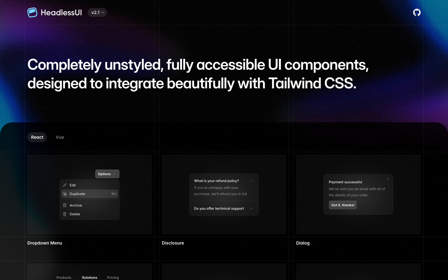 Headlessui - The design prioritizes clarity and functionality with a dark color palette and ample whitespace. Typography is clean and legible, emphasizing content hierarchy. The layout uses a grid system to present UI components in a structured, modular way.  ·  headless ui, ui components, dark theme, react components, tailwind ui, component library, developer tools, ui kit