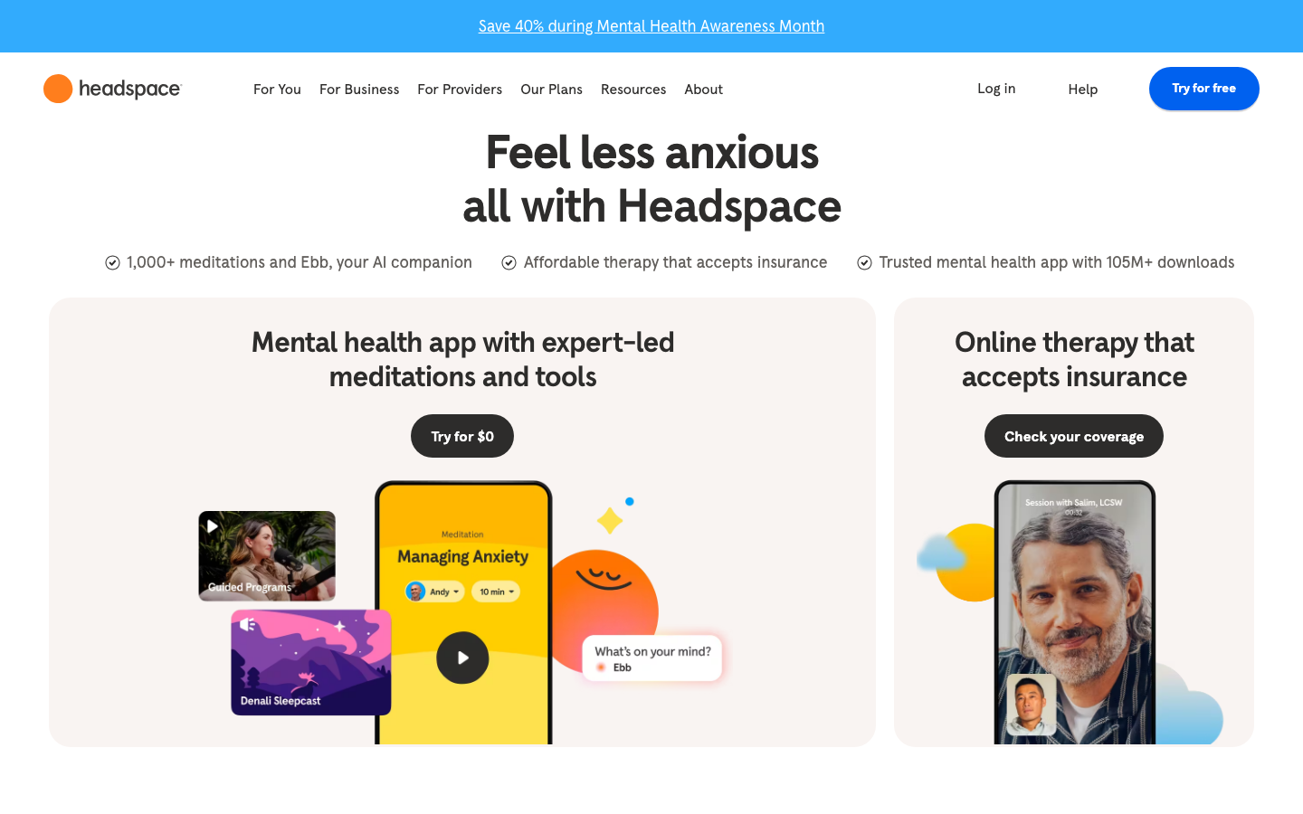 The layout uses a clean bento grid to showcase key features, employing soft pastel hues and rounded shapes. The overall feel is approachable and gentle, prioritizing clarity and ease of navigation. · meditation app, mental wellness, mindfulness, therapy, headspace, calm interface, pastel design, health app