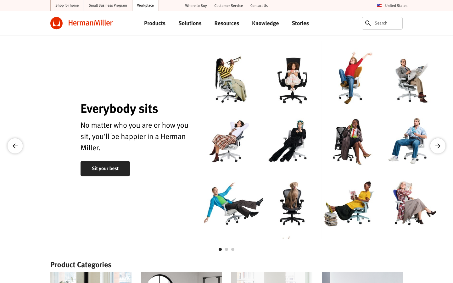 The layout uses a grid of lifestyle images showcasing people using Herman Miller chairs. The color palette is muted and natural, with a focus on clean typography and ample white space. It feels approachable and functional. · office chairs, workspace, ergonomic, furniture, design, workplace, lifestyle, modern, comfort
