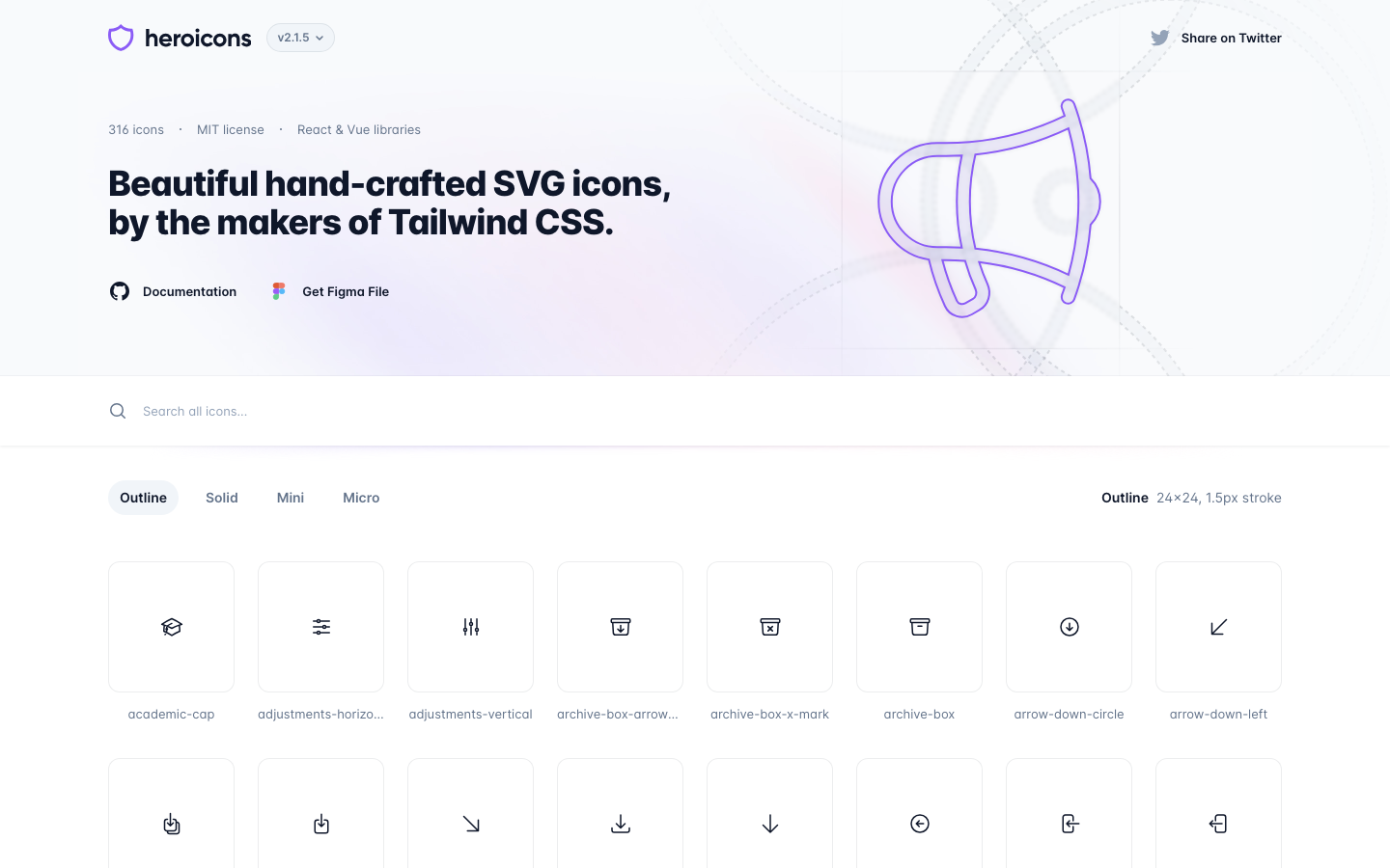 Heroicons - The page presents a clean, functional interface for browsing icon sets. The layout is structured with a prominent logo, clear navigation, and a grid of icon previews. Typography is clean and legible, prioritizing clarity over ornamentation.  ·  icon library, svg icons, developer icons, ui icons, icon set, heroicons, minimal icon, flat icons