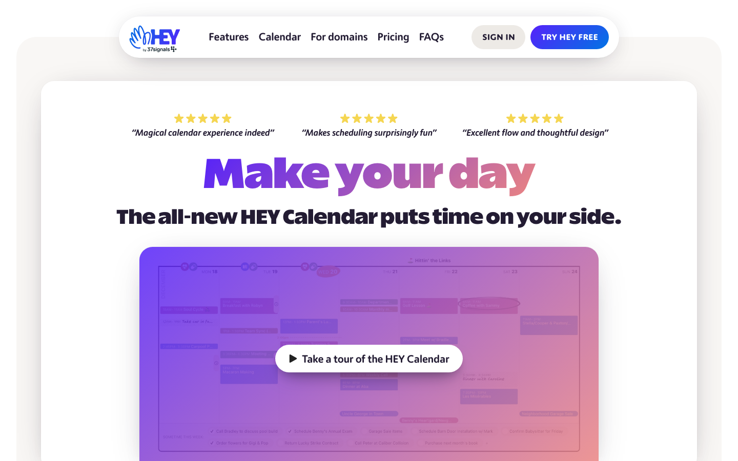 The hero section uses a large, friendly headline and a prominent call to action, overlaid on a blurred background image. The layout is clean and airy, with rounded corners and subtle shadows contributing to a gentle, approachable feel. · calendar app, productivity tool, saas landing page, minimalist design, purple interface, modern calendar, hey calendar, schedule app