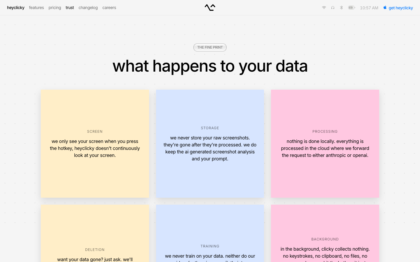 A soft, low-contrast layout using a pastel-colored grid to break down complex privacy data. The background features a subtle dot-grid pattern that adds a tactile, paper-like quality. · pastel bento grid, ai privacy page, soft minimalism, dot grid background, friendly saas design