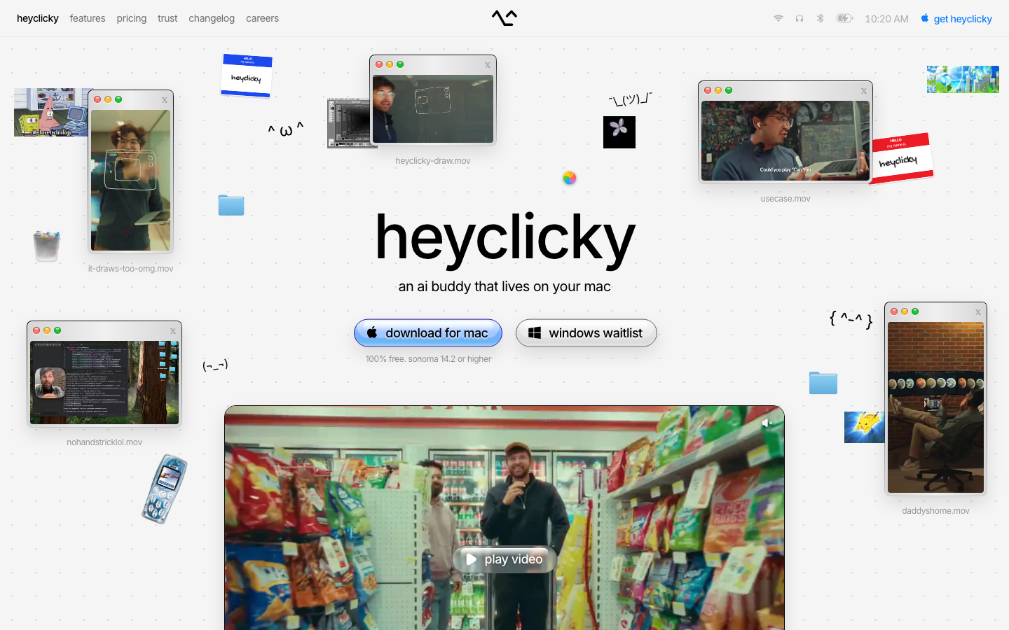 A desktop-metaphor layout that mimics a macOS desktop with scattered windows, folders, and kaomoji. The composition uses a soft off-white background and centered typography to create a casual, approachable mood. · os metaphor, desktop ui design, playful ai landing page, mac os aesthetic, kaomoji accents, creative software hero