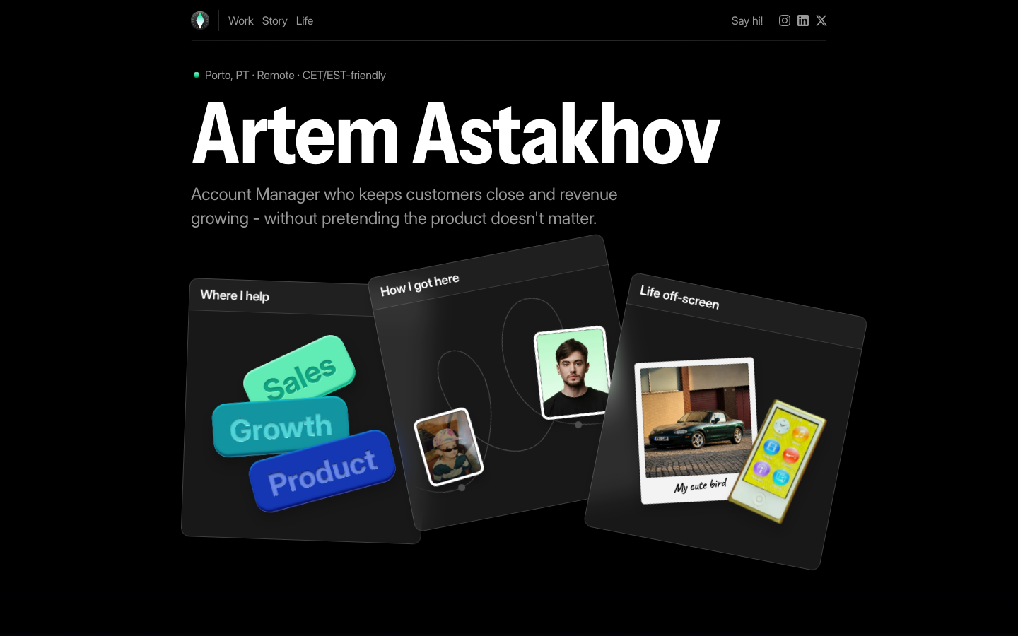 High-contrast dark mode layout featuring a bold sans-serif headline and a playful arrangement of overlapping glassmorphic cards with rounded corners. · dark mode portfolio, glassmorphism cards, modern saas personal site, bold typography hero, overlapping card layout