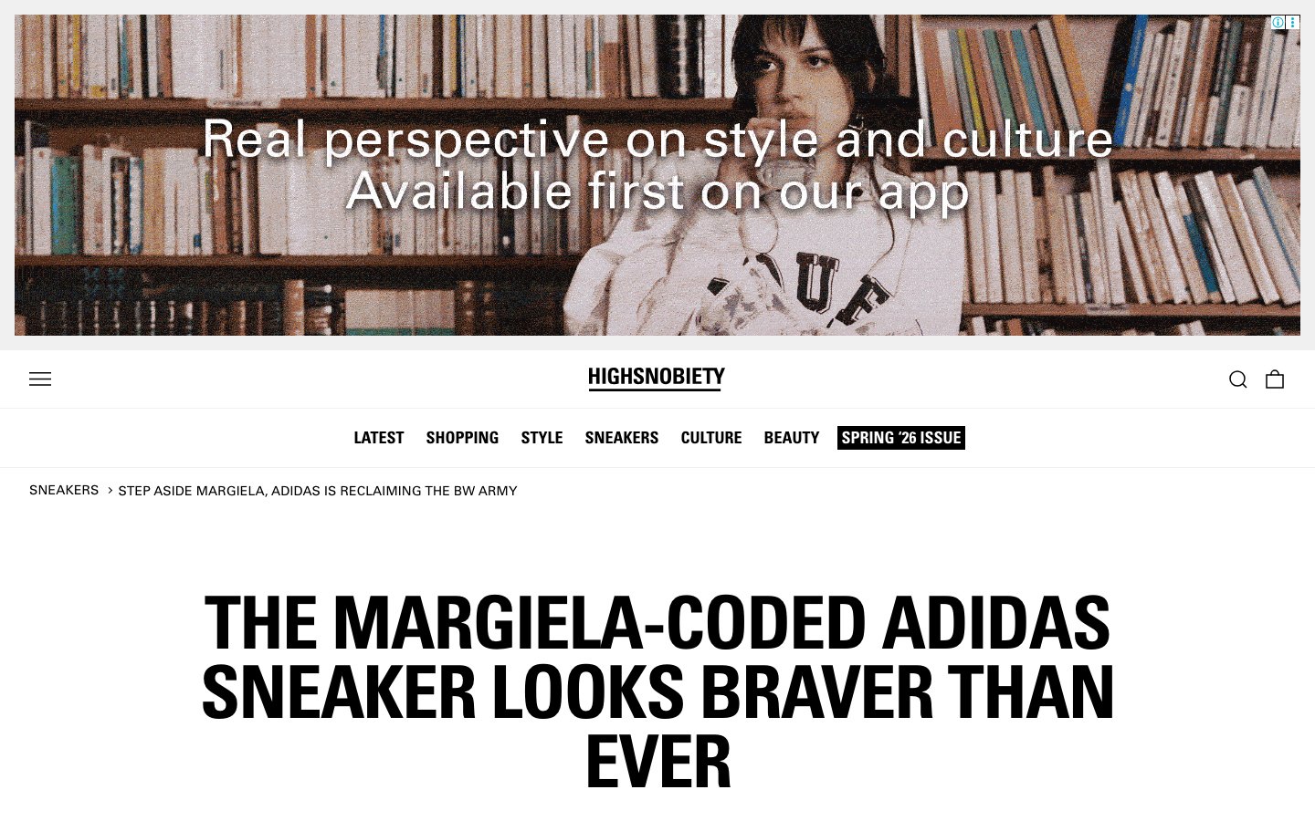 The page prioritizes visual impact with a large, atmospheric image and a clean, typographic layout. The overall feel is sophisticated and curated, emphasizing high-quality visuals and concise text. · fashion media, style blog, luxury culture, editorial website, high fashion, sneakers culture, streetwear news, design website