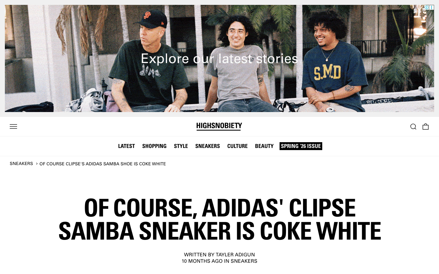 The page prioritizes visual impact with a large, atmospheric image and a clean, typographic layout. The overall feel is sophisticated and curated, emphasizing high-quality visuals and concise text. · fashion media, style blog, luxury culture, editorial website, high fashion, sneakers culture, streetwear news, design website