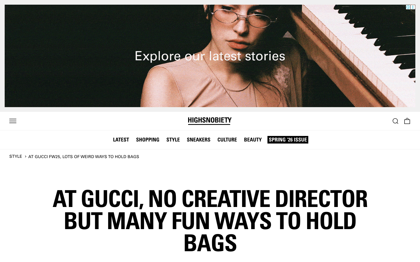 The page prioritizes visual impact with a large, atmospheric image and a clean, typographic layout. The overall feel is sophisticated and curated, emphasizing high-quality visuals and concise text. · fashion media, style blog, luxury culture, editorial website, high fashion, sneakers culture, streetwear news, design website