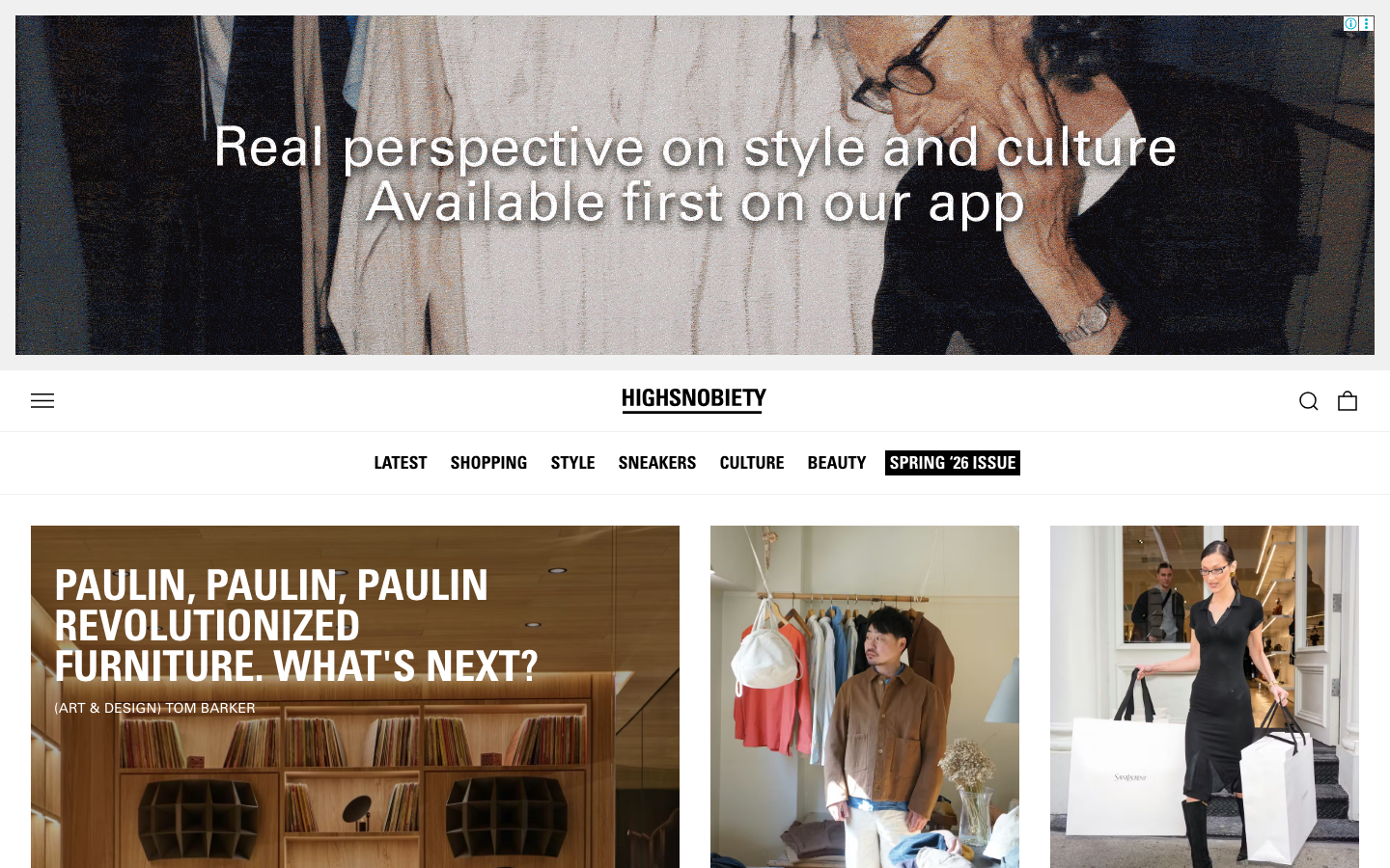 The page prioritizes visual impact with a large, atmospheric image and a clean, typographic layout. The overall feel is sophisticated and curated, emphasizing high-quality visuals and concise text. · fashion media, style blog, luxury culture, editorial website, high fashion, sneakers culture, streetwear news, design website