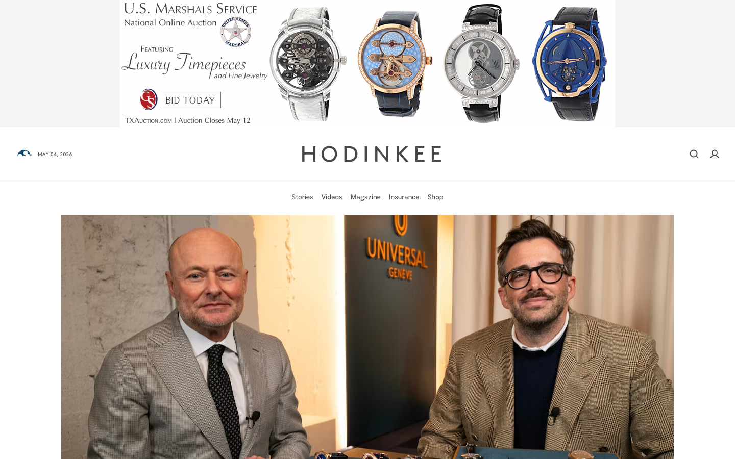 The page presents two figures in a split composition. One side features a man in a suit, the other a man in a jacket, both looking directly at the camera. The color palette is restrained, with a focus on neutral tones and subtle lighting, creating a sophisticated and understated feel. · luxury watch media, menswear editorial, split screen portrait, hodinkee homepage, minimalist design, fashion photography, journalistic style, two person portrait