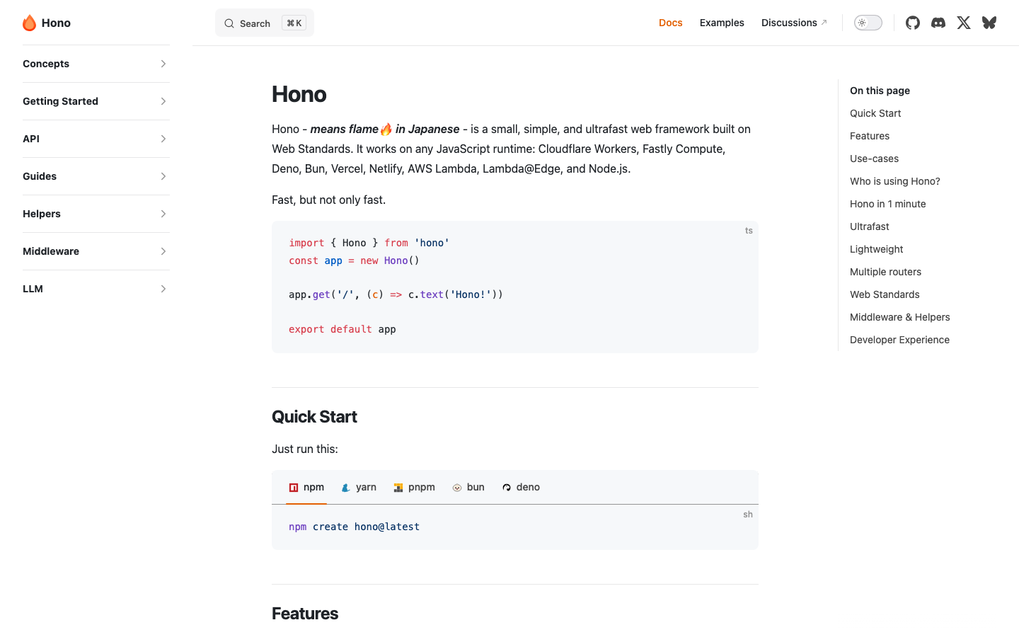 The layout prioritizes clarity and functionality with distinct, equally sized blocks showcasing key features. Typography is clean and functional, emphasizing readability over ornamentation. The overall feel is precise and efficient.  ·  developer tools, javascript framework, saas landing page, technical design, code showcase, minimalist ui, modern web framework, hono framework, developer website