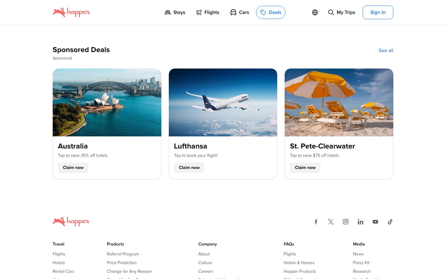 The page uses a clean, airy layout with a large hero image establishing the context. Below, featured destinations are presented in a grid, emphasizing visual discovery and a sense of curated options. The overall feel is precise and functional. · travel app, flights search, hotel search, travel platform, destination discovery, travel planning, hopper, vacation search