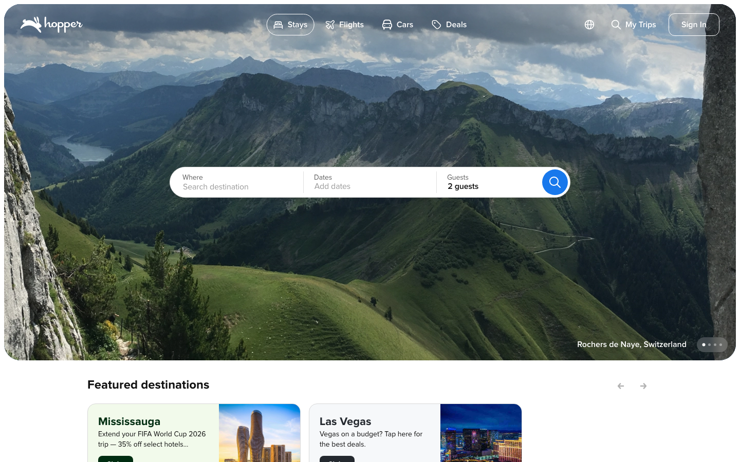 The page uses a clean, airy layout with a large hero image establishing the context. Below, featured destinations are presented in a grid, emphasizing visual discovery and a sense of curated options. The overall feel is precise and functional. · travel app, flights search, hotel search, travel platform, destination discovery, travel planning, hopper, vacation search