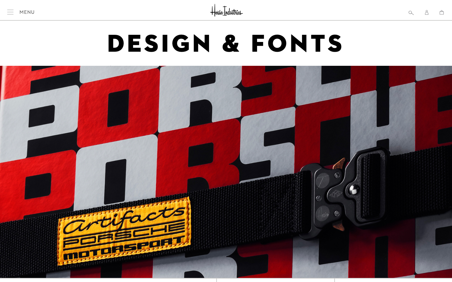 The layout prioritizes visual impact with a bold typographic treatment and a striking image. The color palette is stark, emphasizing the interplay of red, white, and black. It feels like a carefully curated presentation of design elements. · design system, typography showcase, brand identity, automotive design, geometric pattern, industrial design, houseindustries, porsche motorsport