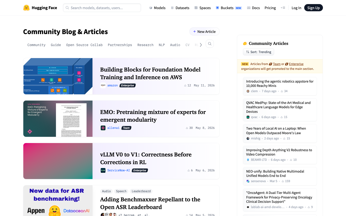 Huggingface — Blog - The layout prioritizes discoverability of various AI models and tools. A dark, high-density design with a focus on clear typography and functional elements creates a sense of focused utility.  ·  ai model hub, machine learning tools, dark saas, developer platform, model repository, hugging face, ai community